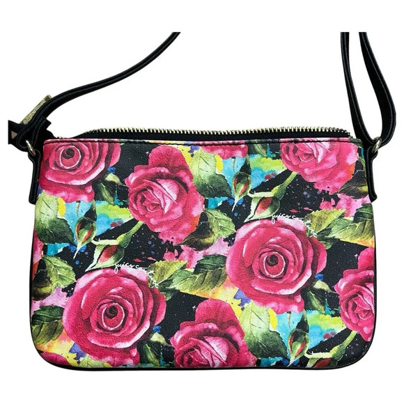 Juicy Couture Black Multi Rose Floral Small Crossbody Purse Outside Pocket - Picture 9 of 9